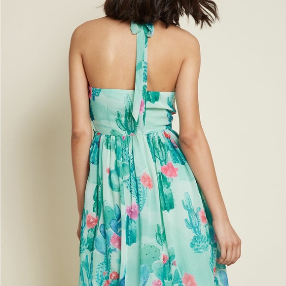 Modcloth Women's Sz L BLOGGER THE BETTER Floral Cactus Halter Dress Green/Pink - Picture 8 of 10